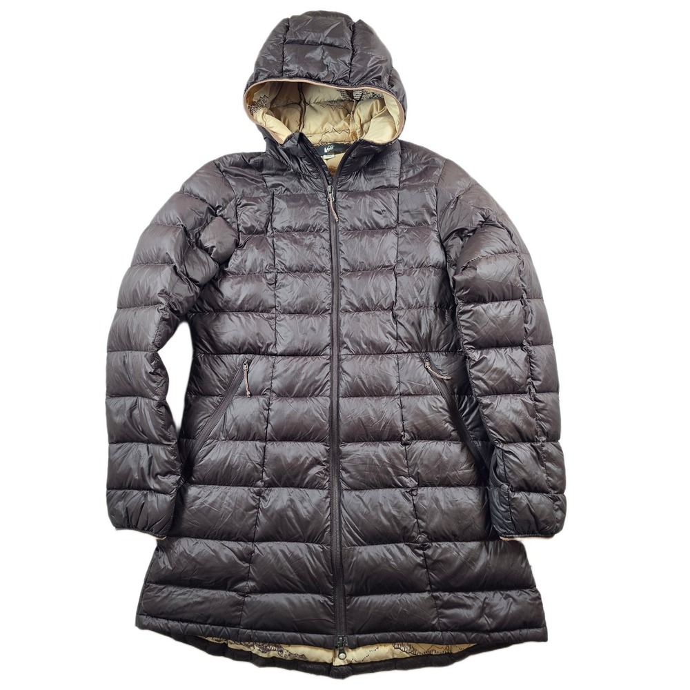 REI Co-op Down Parka Jacket Womens Medium Burgundy Nylon Hooded Quilted Puffer